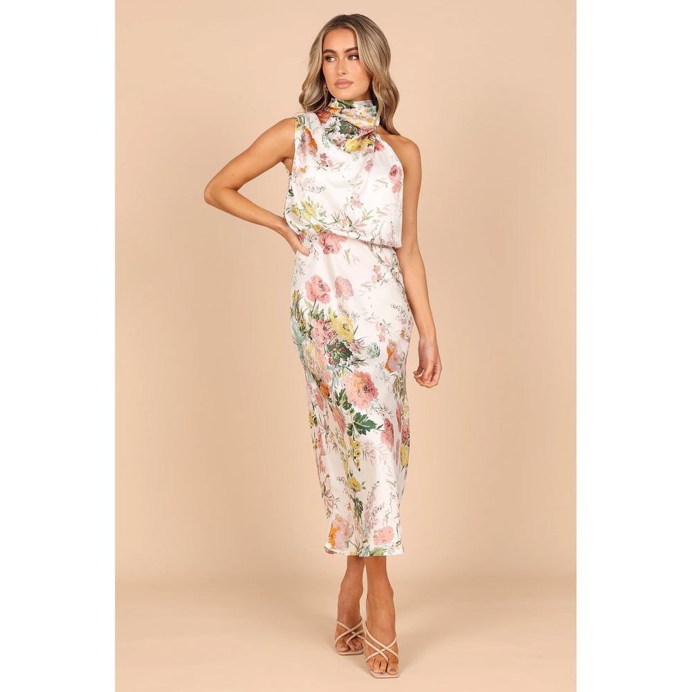 Petal & Pup Womens Anabelle Halter Satin White Floral Midi Dress Size S Romantic